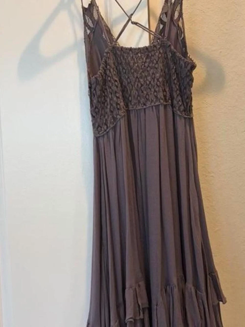 Free People Adella One Slip Dress in gray with lace detailing & ruffled hem sz s
